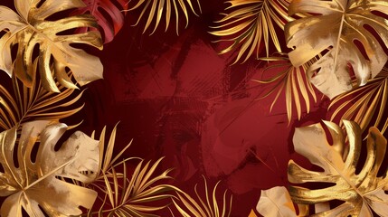 This are beautiful tropical gold maroon monstera leaves on dark red background moderns. Beautiful botanical design with tropic jungle leaves, exotic plants, gold paint smear and golden paint