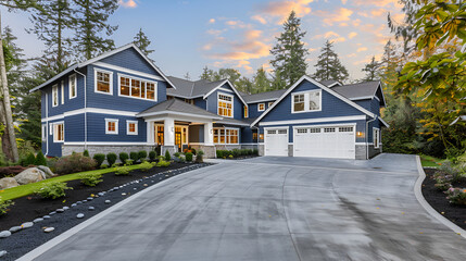 Nice and comfortable neighborhood with nicely trimmed green fence. Homes at the empty street in the suburbs,Luxurious home exterior with grey vinyl siding and white trim, three attached garage spaces