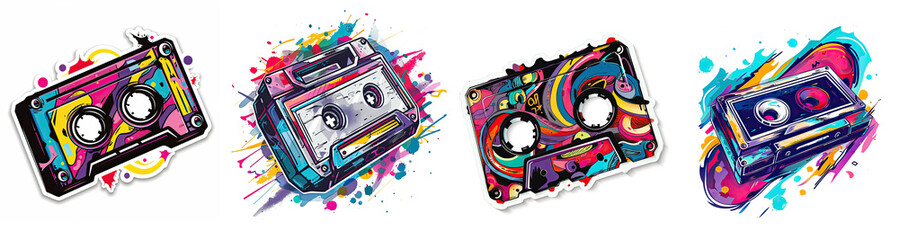 set of old school cassettes with vibrant color splashes isolated on  White background 