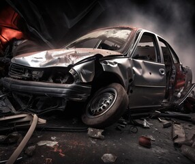 Fototapeta premium Dramatic Scene of a Wrecked Car in Smoke and Debris After Accident