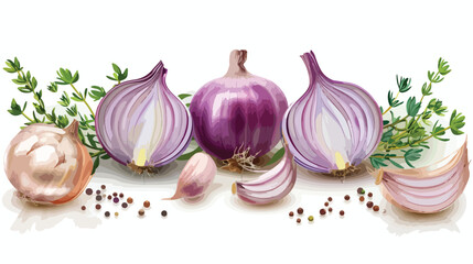 Composition with cut onion garlic and thyme on white background 