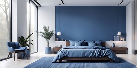 Banner with minimalist spacious bedroom Contemporary blue interior idea
