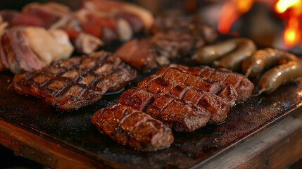 Gourmet meats grilled to perfection over open flames in a rustic outdoor cooking setting