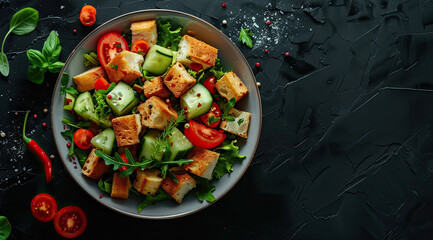 bread cubes and salads in a bowl with copy space  - Powered by Adobe