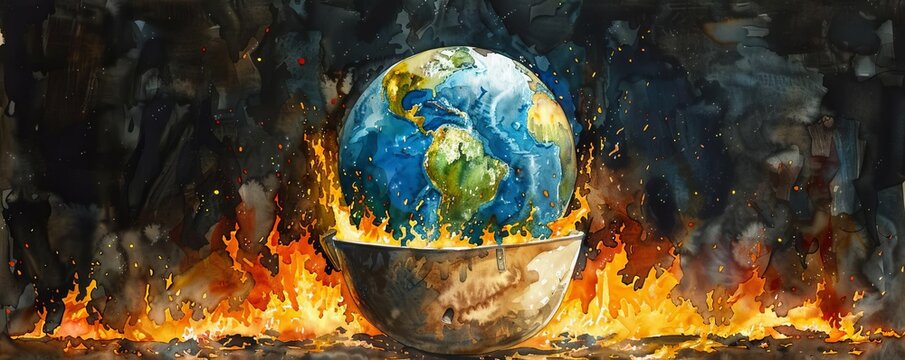 A surreal depiction of Earth simmering in a giant pot over an open fire, symbolizing the global warming crisis