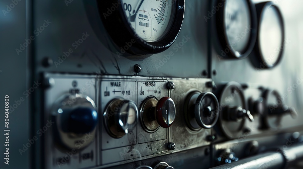 Poster macro shot of a nuclear power plant control panel, focusing on the intricate controls and gauges use