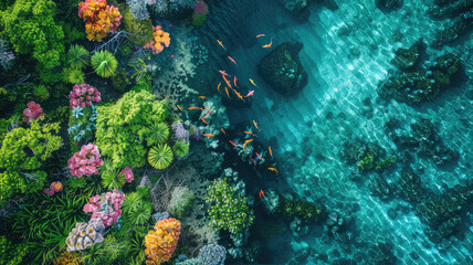 Vibrant coral reef seen underwater from above, a colorful marine landscape