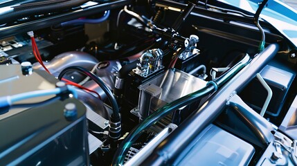 Obraz premium Close-up of a hydrogen fuel cell being installed in a car, showcasing the use of hydrogen as a clean energy source for vehicles. 