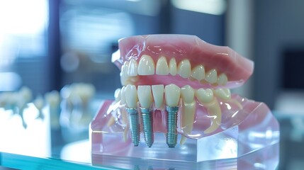 A close-up view of a dental model showcasing a tooth and a dental implant, illustrating dental implant procedure and restoration. copy space for text.