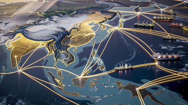 Detailed view of a map with oil trade routes and major ports highlighted, illustrating the global logistics of oil distribution.