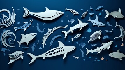 Contemporary styled image of bold and graphic paper cutouts of marine life including sharks and dolphins set against a solid indigo background perfect for modern educational posters or digital content