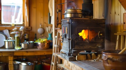 Close-up of a traditional wood-burning stove in a rustic kitchen, highlighting cultural methods of cooking and heating. 