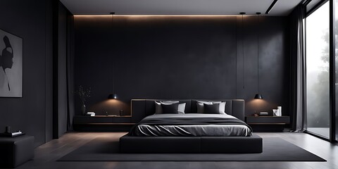 Banner with minimalist spacious bedroom Contemporary dark interior idea

