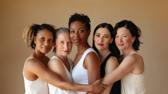 Middle aged women of different ethnicities wearing white tank tops standing in front of a beige background hugging one another and smiling. Unity, participation, diversity, multicultural society. 