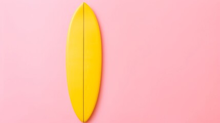 Minimalist photo of a bright yellow surfboard on a solid pink background highlighting the simplicity and fun of beach activities