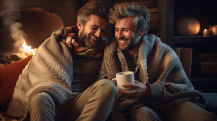 Fototapeta premium Two happy male friends relaxing sitting on the sofa drinking hot cocoa and wrapped in a blanket