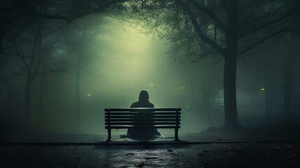 Serene and quiet image of a figure wearing a green raincoat sitting on a park bench surrounded by dense fog and light rain