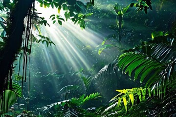 Enthralling sunbeams cascading through the thick tropical rainforest canopy, painting a scene of enchantment and harmony between light and greenery in this mystical jungle haven.