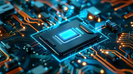 Glowing processor chip on futuristic circuit board
