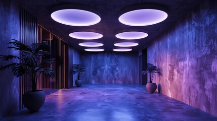 Futuristic hallway with purple lighting and modern design