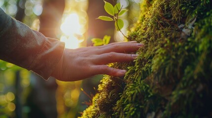 Fototapeta premium Gently touch your hand on the moss-covered tree, in the forest. People in nature concept Safe world. Green world. Forest path. Botanical garden with green plants.
