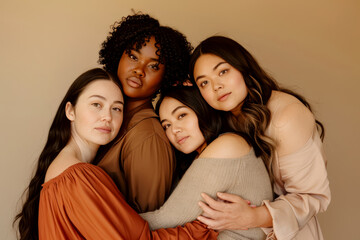Obraz premium Women of different ethnicities and body types standing in front of a beige background hugging one another. Unity, participation, diversity, multicultural society. Women power.