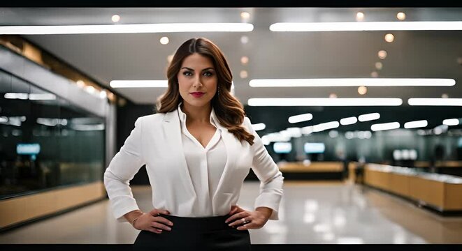 Curvy woman in the office.	
