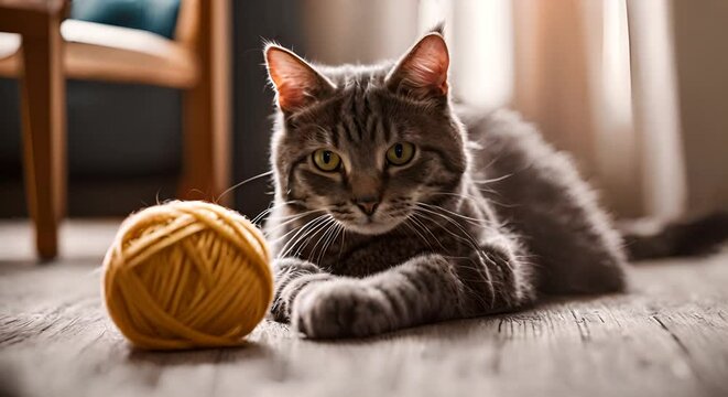 Cat playing with ball of wool.	
