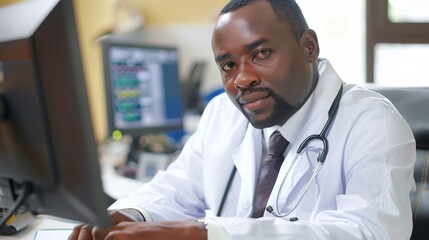 Fototapeta premium African mature doctor working on computer