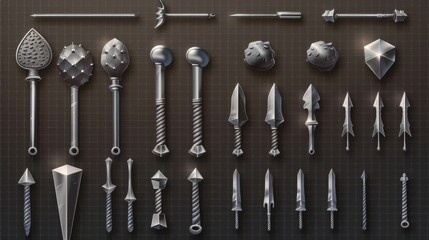 Realistic set of 3d moderns icons featuring nails that were hammered into the wall, pin heads that were hammered into the wall, straight and bent metal hardware spikes or hobnails with grey caps