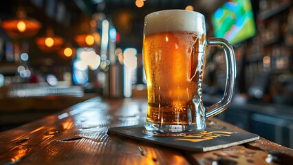 Foamy beer in mug on wooden table in sports bar . Concept Beer Photography, Bar Setting, Foamy Beer, Wooden Table, Sports Atmosphere