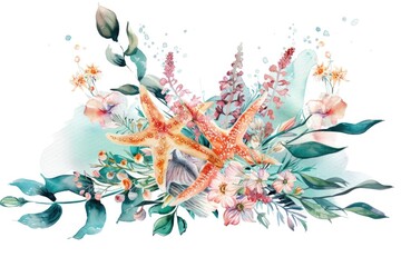 A beautiful watercolor painting featuring a starfish and colorful flowers. Perfect for nature lovers and beach enthusiasts