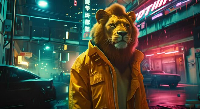 standing lion in full clothing against a cyberpunk background. animal style
