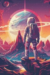 Space, future, background.Astronaut in a spacesuit, futuristic landscape, geometric metal abstraction for poster or flyer