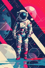 Space, future, background.Astronaut in a spacesuit, futuristic landscape, geometric metal abstraction for poster or flyer
