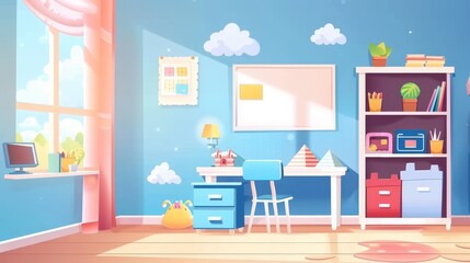 This is a Modern realistic set of furniture for a playroom or kindergarten, with a blue desk with pyramid toys isolated on transparent background.