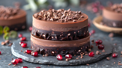 Close-up of chocolate cake with chocolate frosting, fresh berries, and chocolate chips. Holiday or delicious dessert