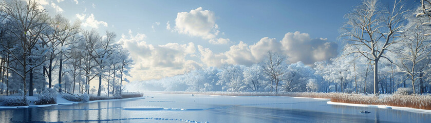 A serene winter scene with a frozen lake and snowcovered trees