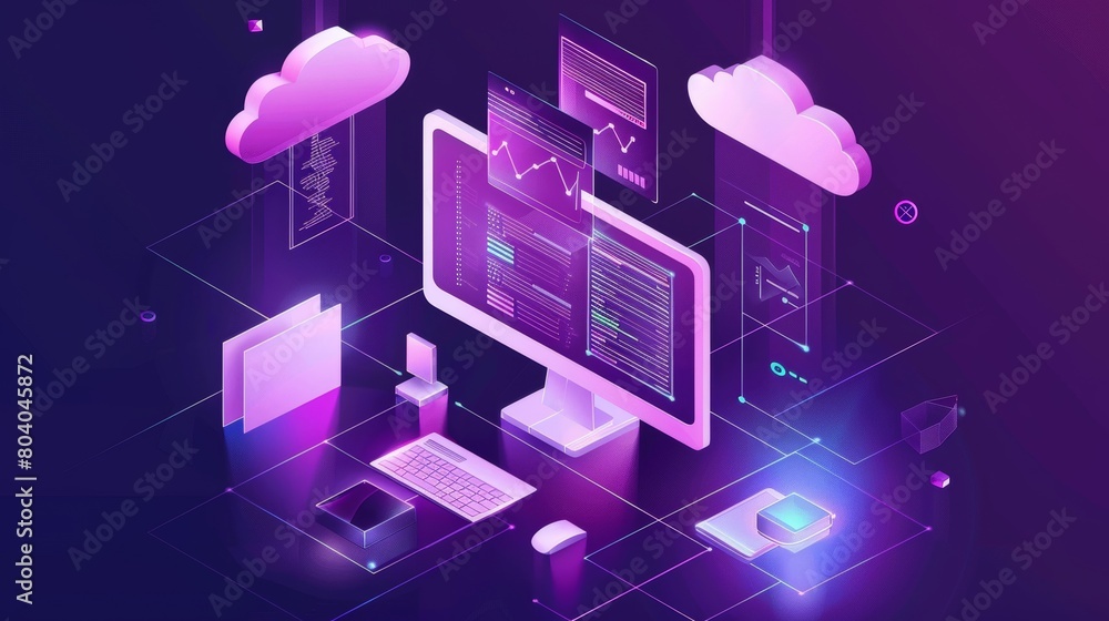 Poster the computer monitor isometric modern icon is accompanied by documents with information in the cloud