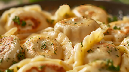 Freshly seared ravioli sprinkled with herbs presenting an irresistible golden crust complimented by soft filling