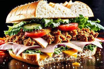 A sandwich with meat, cheese, and vegetables is cut in half