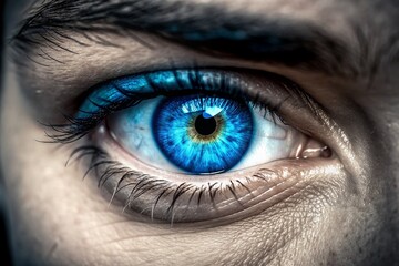 A close up of a person's eye with blue irises