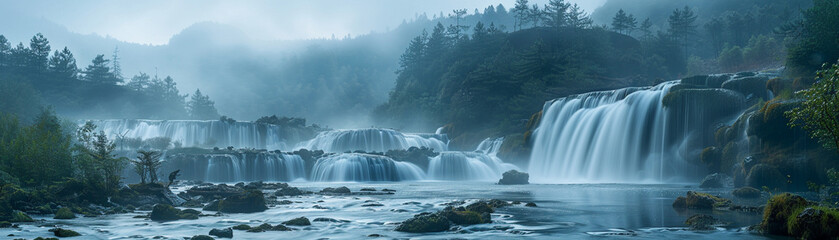 Layers of mist rising from the bottom of the waterfall, adding an ethereal quality to the scene