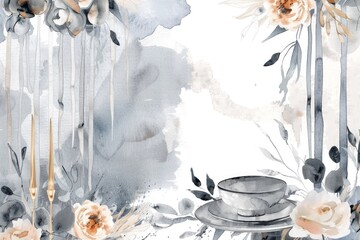 A delicate watercolor painting of a tea cup and saucer. Perfect for tea lovers or kitchen decor