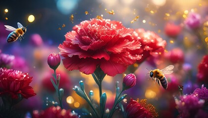 Red carnation detailed matte painting, in a field of flowers, bees buzzing, depth of field, bokeh effect, deep color, fantastical, intricate detail, splash screen, complementary colors