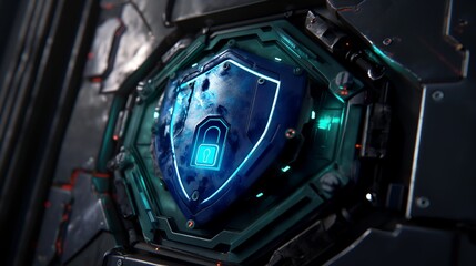 a blue shield with an electronic padlock, utilizing cutting-edge methods and hard surface modeling style the magewave