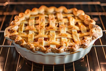 A delicious pie sitting on top of an oven rack. Perfect for food and baking concepts