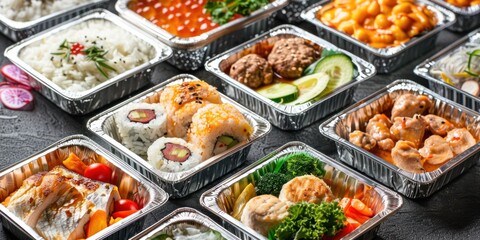 Fototapeta premium A collection of various healthy meal containers in aluminum foil boxes, arranged neatly on top of each other. The containers include different types of dishes.