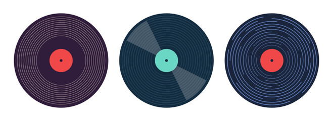 Vinyl icons. Vector vinyl record disc set. Vector color illustration. The view from the top. Gramophone LP vinyl record. Retro design. Vector icons set. Vinyl collection.