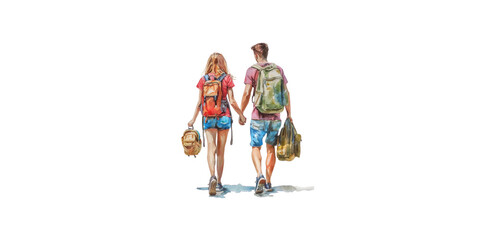 Fototapeta premium watercolor, couple holding hands and wearing backpacks with luggage on white background
